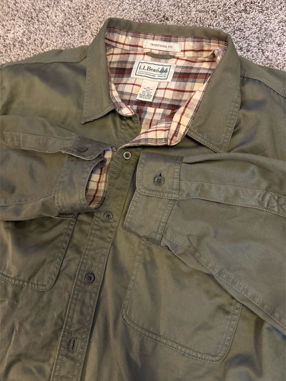 Vintage L.L.Bean Flannel Lined Field Shirt Jacket - XXL TALL Olive / Plaid